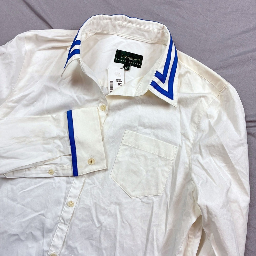 Lauren Ralph Lauren Button Up Shirt Womens Medium White Blue Nautical Preppy